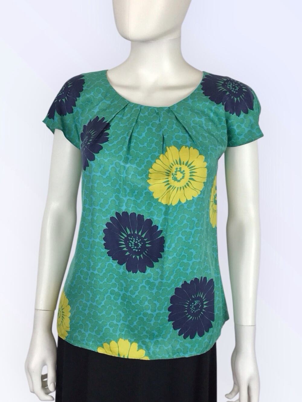 Boden Floral  Blouse Teal Blue & Yellow Short Sleeve Silk Blend Daisy Top XS/2